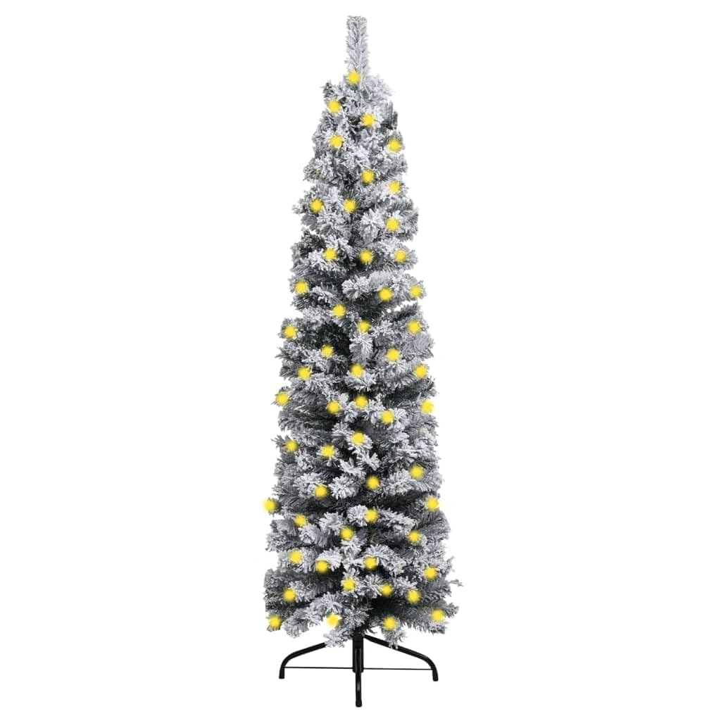 vidaXL Slim Artificial Christmas Tree – 47.2&quot; Green PVC with Flocked Snow and LED Lights, Steel Feet for Stability, Economical & Reusable, for a Unique Christmas Atmosphere.