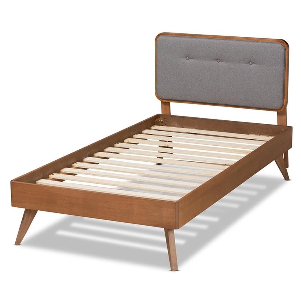 Baxton Studio Dilara Mid-Century Modern Dark Grey Fabric Upholstered and Walnut Brown Finished Wood Twin Size Platform Bed
