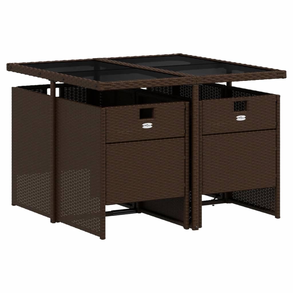 vidaXL Patio Dining Set 5-Piece Brown Poly Rattan with Cushions, Tempered Glass Table for Outdoor/Garden/Patio