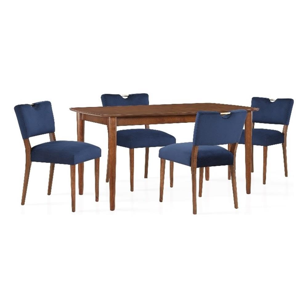 Comfort Pointe Bonito Blue Velvet 5-Piece Transitional Style Dining Set in Walnut Wood Finish
