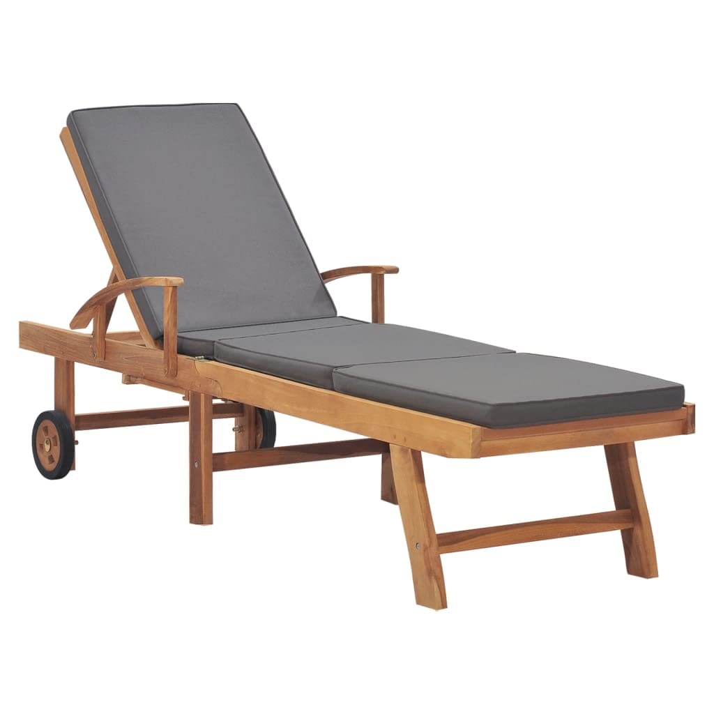 vidaXL Teak Wood Sun Lounger with Cushion – Durable Weather-Resistant Outdoor Furniture with Adjustable Backrest and Footrest, Easy Mobility, Dark Gray