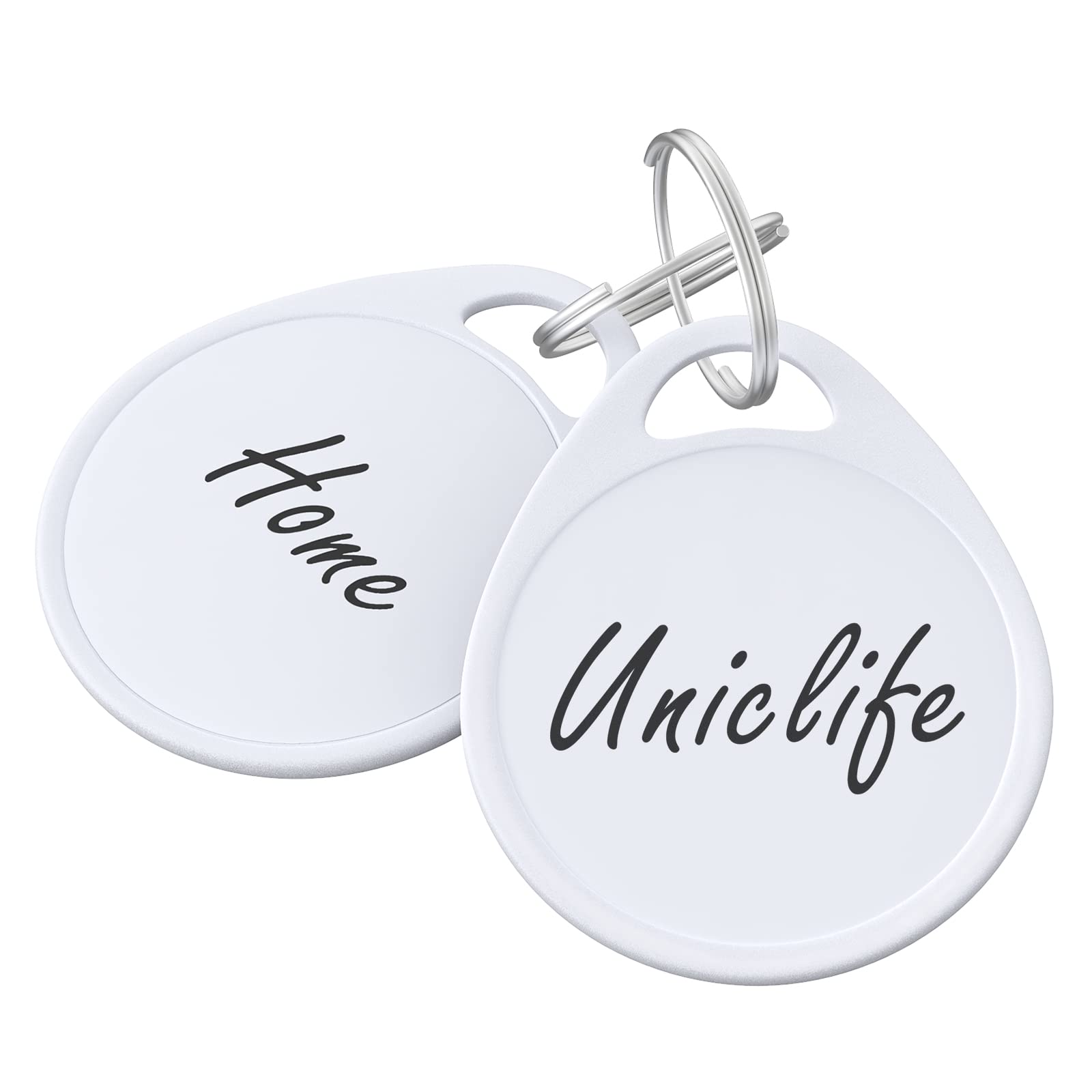 Uniclife 1.5 Inch Tough Plastic Key Tags Sturdy Round White Item Identifiers With Blank Paper Label Stickers And Split Rings, 50