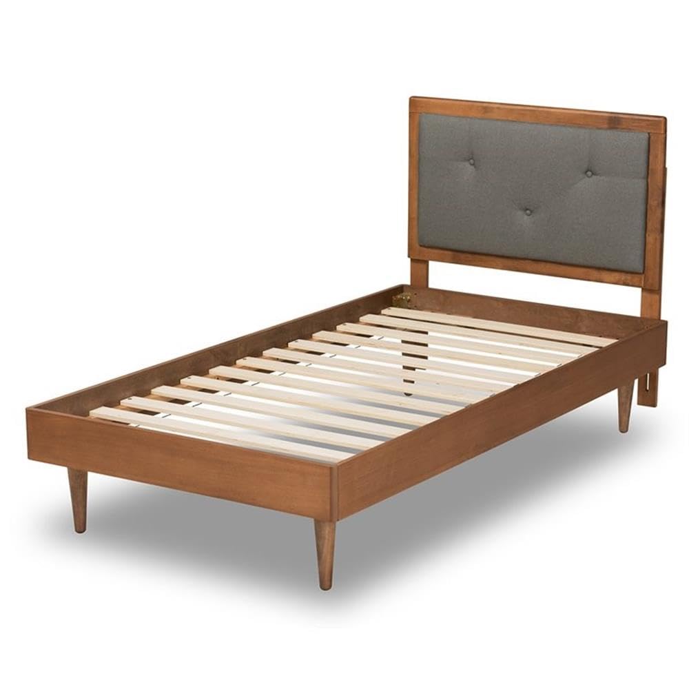 Baxton Studio Saul Mid-Century Modern Dark Grey Fabric Upholstered and Walnut Brown Finished Wood Twin Size Platform Bed