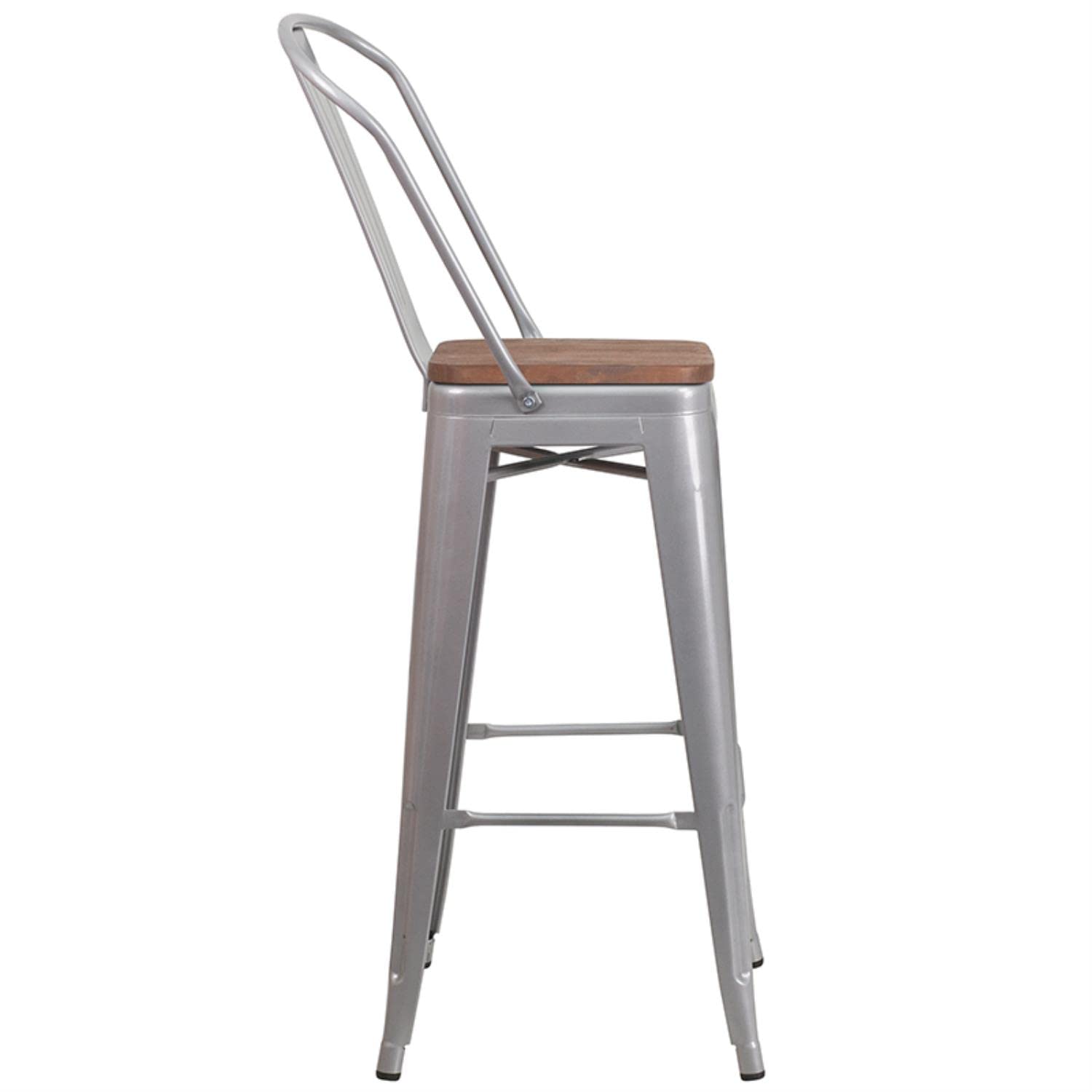 Flash Furniture Lily 30" High Silver Metal Barstool With Back And Wood Seat (Pack Of 1)