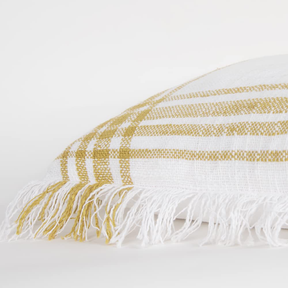 Rizzy Home Plaid 18&quot; x 18&quot; Down Filled Pillow with Woven Cotton Cover-White/Gold