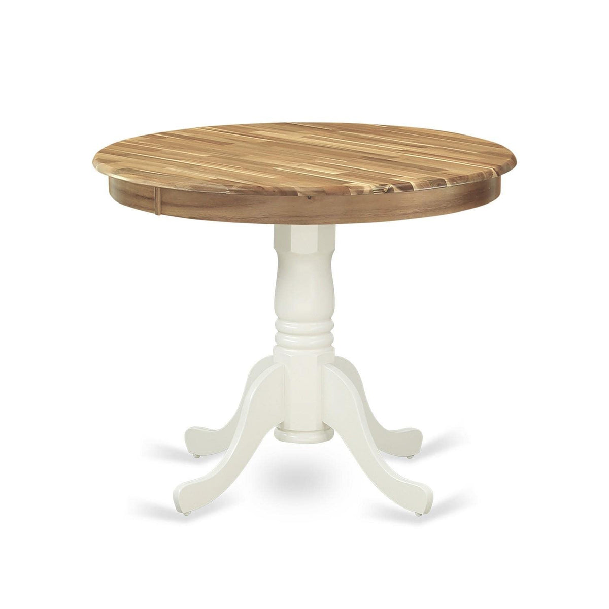 East West Furniture AMT-NLW-TP Antique Dining Table - a Round Wooden Table Top with Pedestal Base, 36x36 Inch, Natural & Linen White