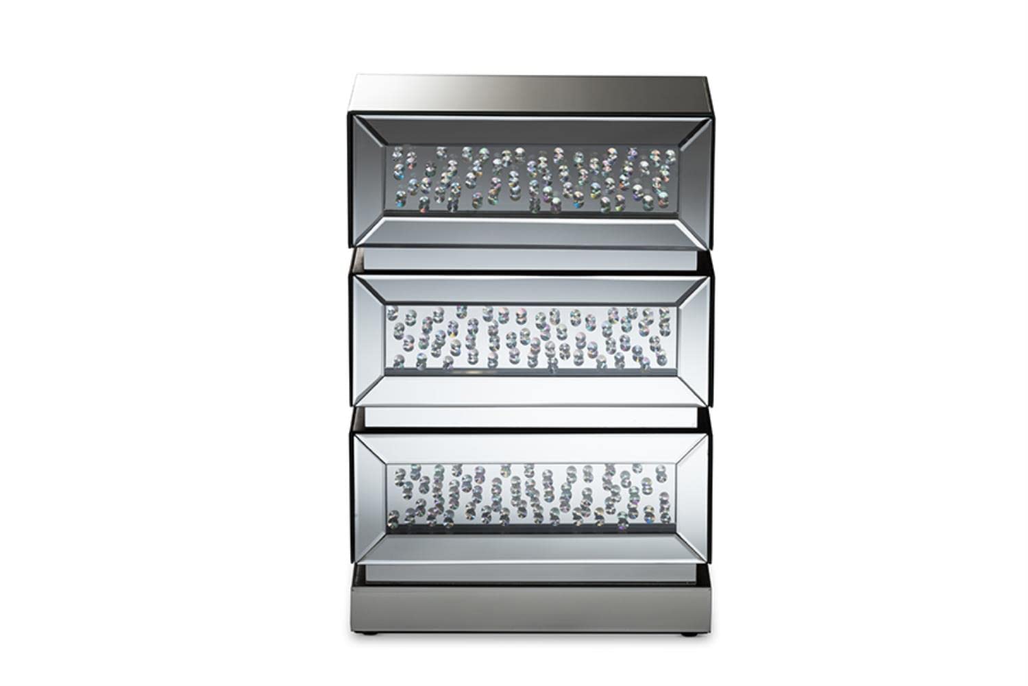 Baxton Studio Sabrina Hollywood Regency Glamour 3-Drawer Nightstand MDF/Silver Mirrored/Glam