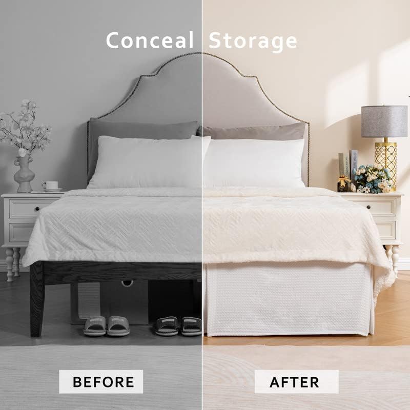 Miye Pleated Waffle Weave Bed Skirt, Tailored Dust Ruffle 22 Inch Drop Easy Fit, Machine Washable (White, Full - 22'' Drop)