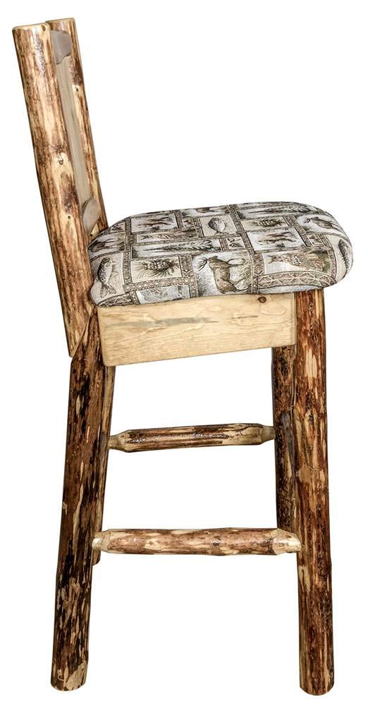 Montana Woodworks Glacier Country Collection Counter Height Barstool with Upholstered Seat, Woodland Pattern, Laser Engraved Bronc Design, Stained & Lacquered