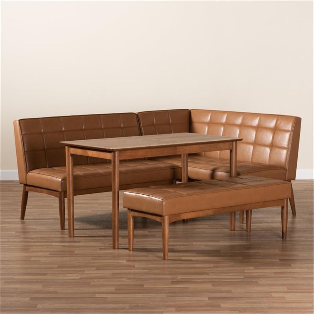 Baxton Studio Sanford Mid-Century Modern Tan Faux Leather Upholstered and Walnut Brown Finished Wood 4-Piece Dining Nook Set