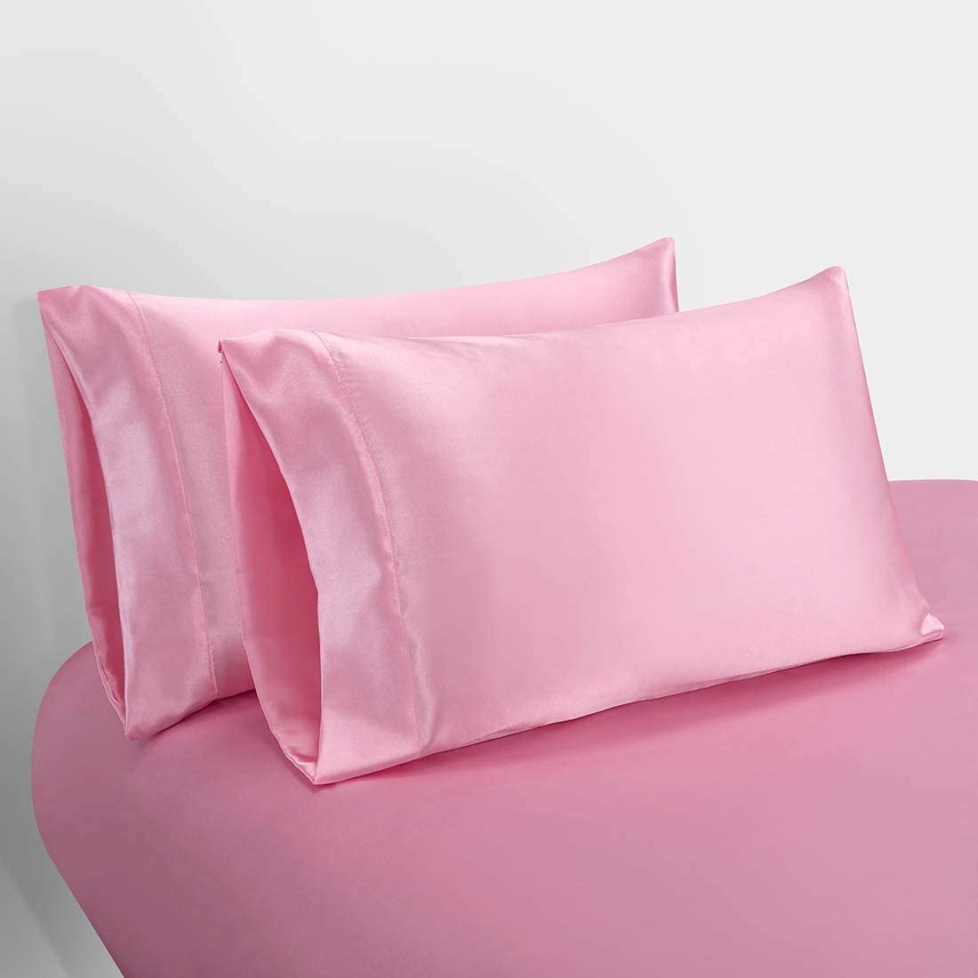 Homiest 4Pcs Rv Short Queen Satin Sheets Set Luxury Silky Satin Bedding Set With 10' Deep Pocket, Camper Queen Sheets, 1 Fitted Sheet + 1 Flat Sheet + 2 Pillowcases (Rv Short Queen, Pink)