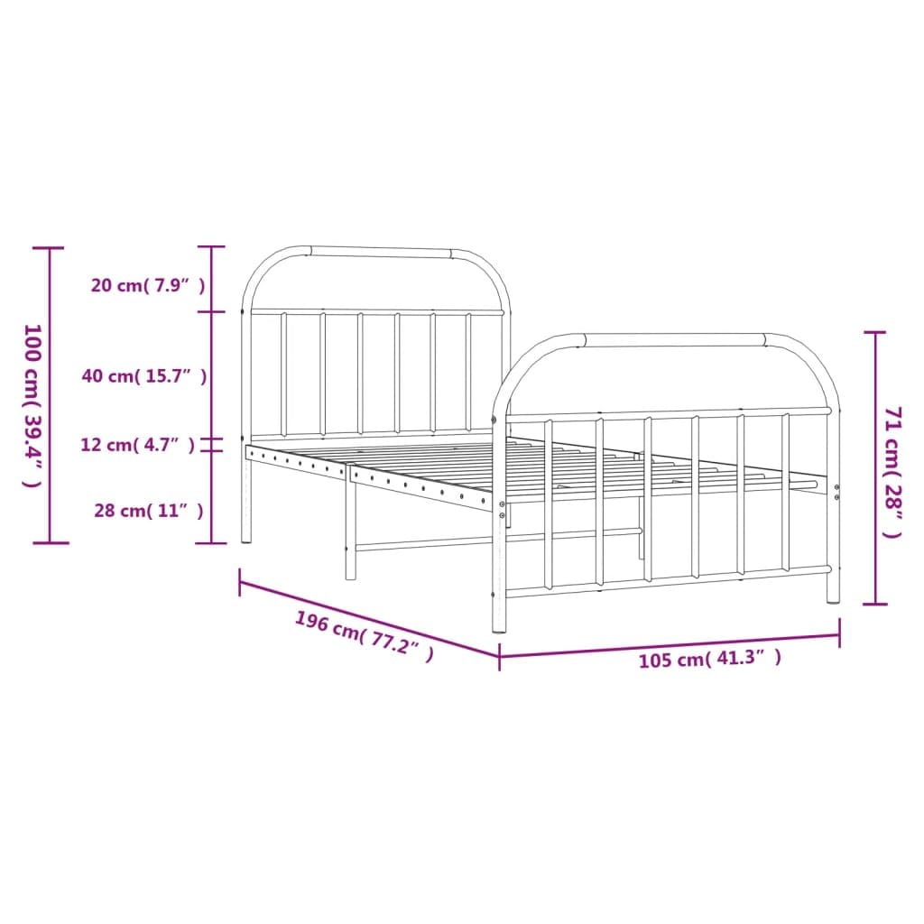 vidaXL Single Bed Frame - Durable Powder-Coated Steel with Headboard and Footboard - Extra Storage Space - Includes Metal Slats and Legs - Black
