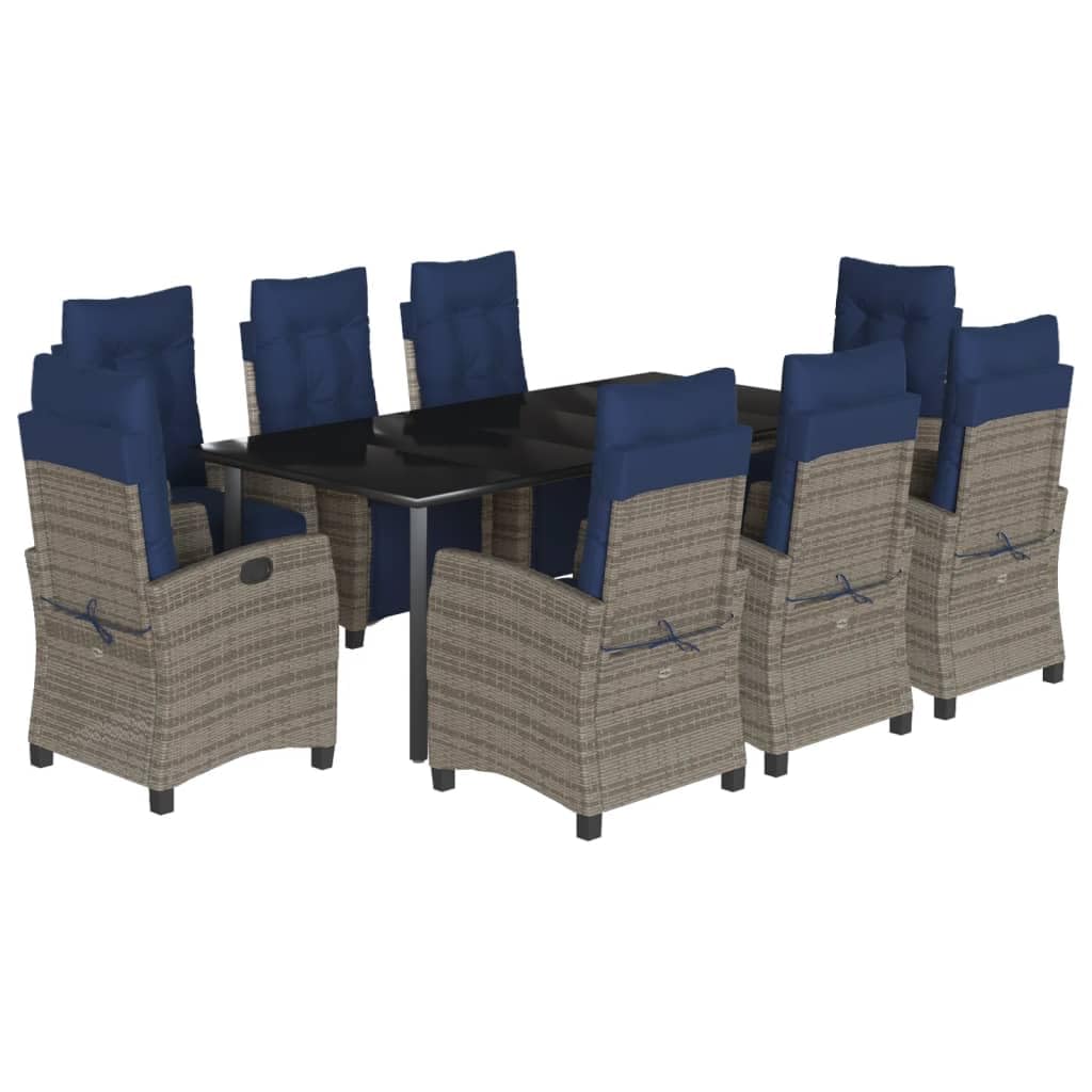 vidaXL 9-Piece Patio Dining/Lounging Set - Gray PE Rattan, Adjustable Chairs, Tempered Glass Table, Foam Cushions, Outdoor/Backyard