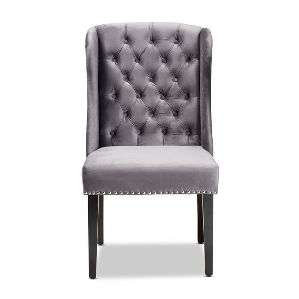 Baxton Studio Lamont Modern Contemporary Transitional Grey Velvet Fabric Upholstered and Dark Brown Finished Wood Wingback Dining Chair