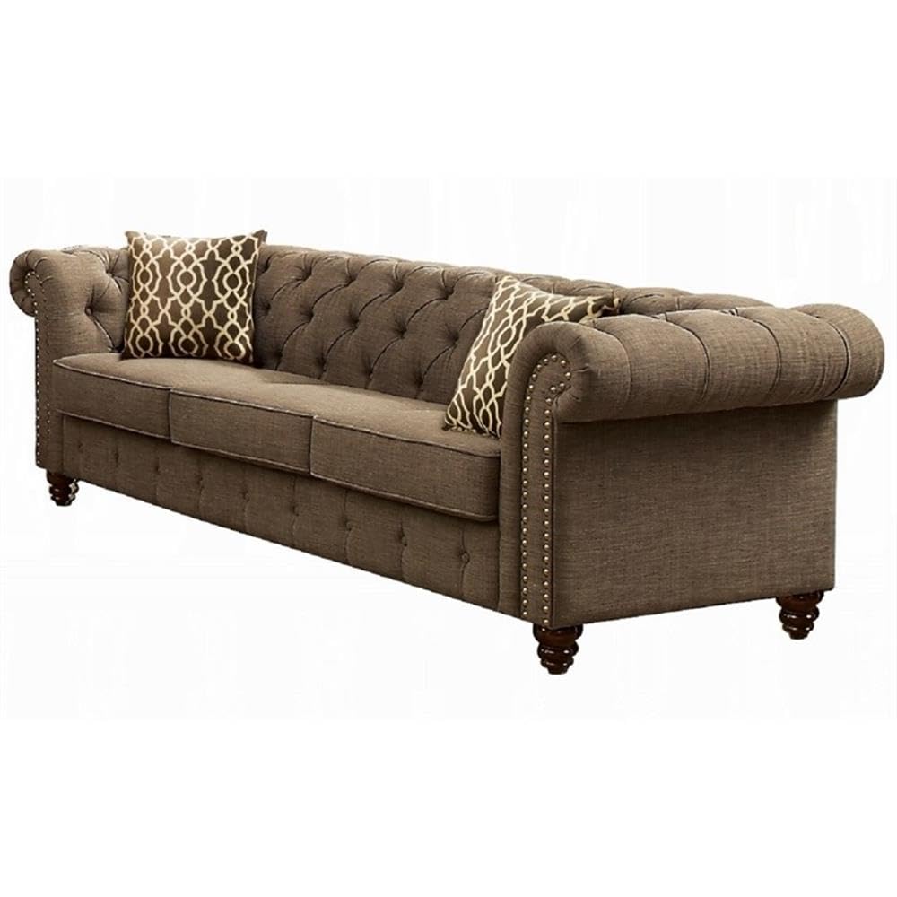 Acme Aurelia Tuxedo Linen Fabric Tufted Sofa with Nailhead Trim in Brown