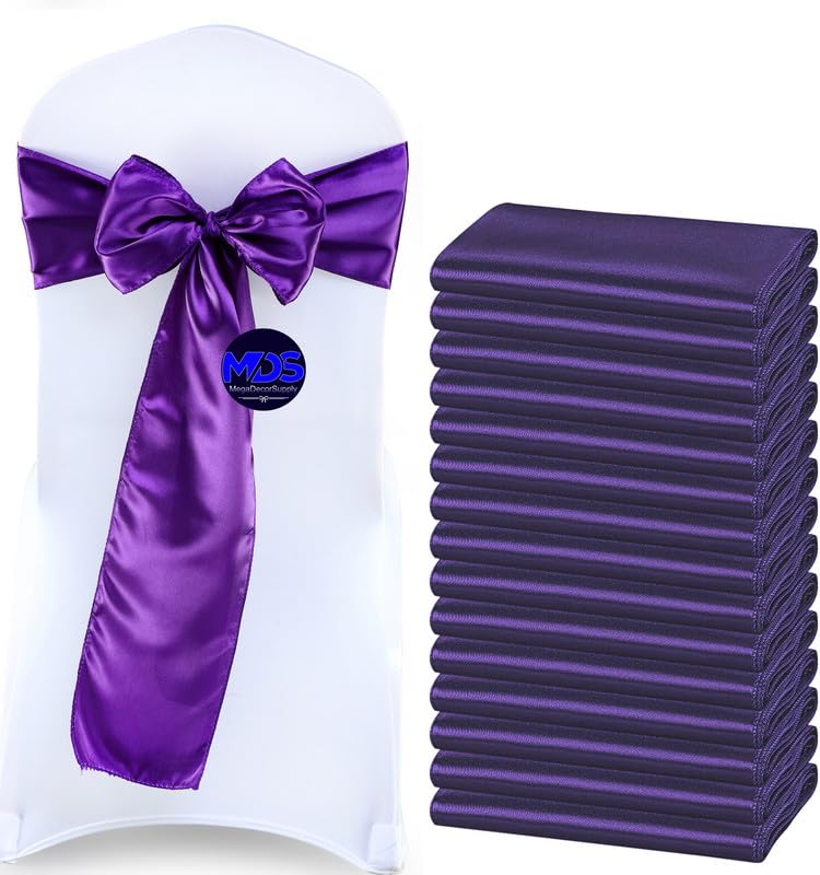 Mds Pack Of 200 Pcs Satin Chair Sashes Charmeuse Sateen Dining Chair Bows Ribbon Ties Back Sash For Wedding Party Birthday Home Hotel Restaurant Banquet Decoration (7 X 108 Inch, Cadbury Purple)