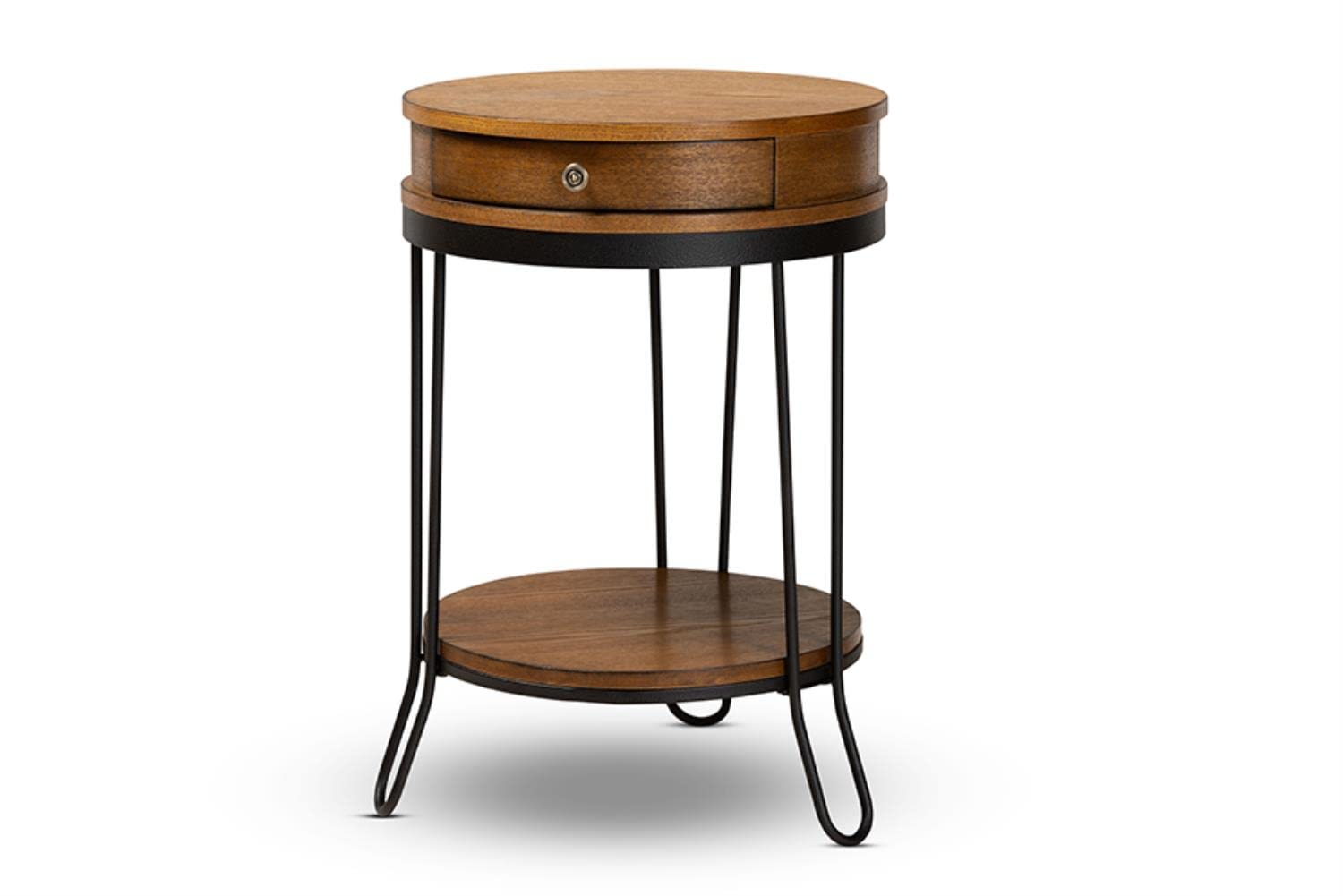 Baxton Studio Brown Finished Wood and Black Finished 1-Drawer Metal End Table
