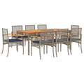 vidaXL Patio Dining Set with Cushions - 9 Piece Outdoor Furniture - Gray Poly Rattan - Acacia Wood Tabletop - 70.9"x35.4"x29.5"