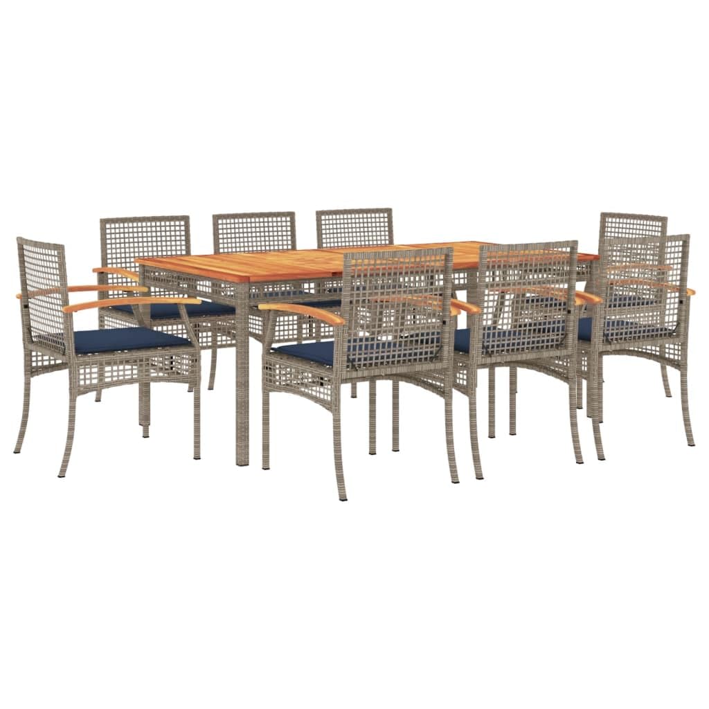 vidaXL Patio Dining Set with Cushions - 9 Piece Outdoor Furniture - Gray Poly Rattan - Acacia Wood Tabletop - 70.9&quot;x35.4&quot;x29.5&quot;