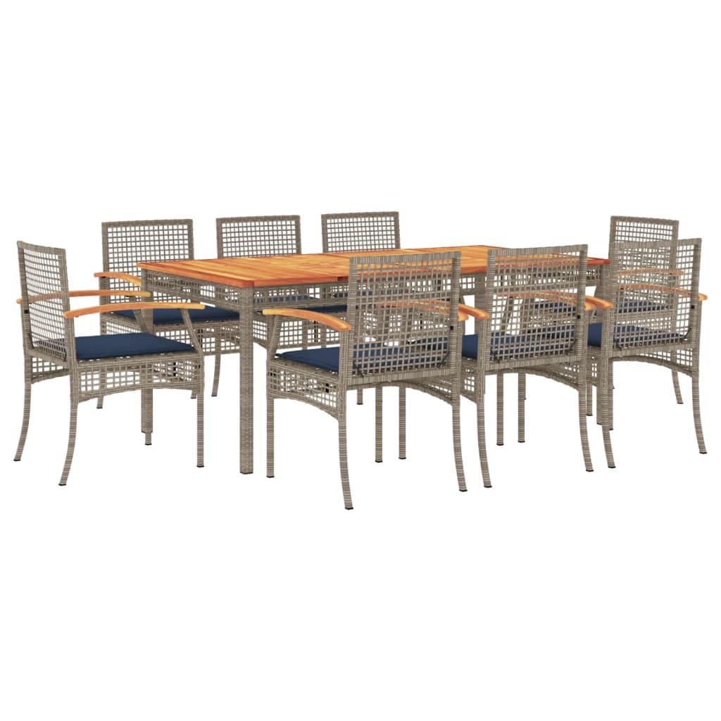 vidaXL Patio Dining Set with Cushions - 9 Piece Outdoor Furniture - Gray Poly Rattan - Acacia Wood Tabletop - 70.9"x35.4"x29.5"