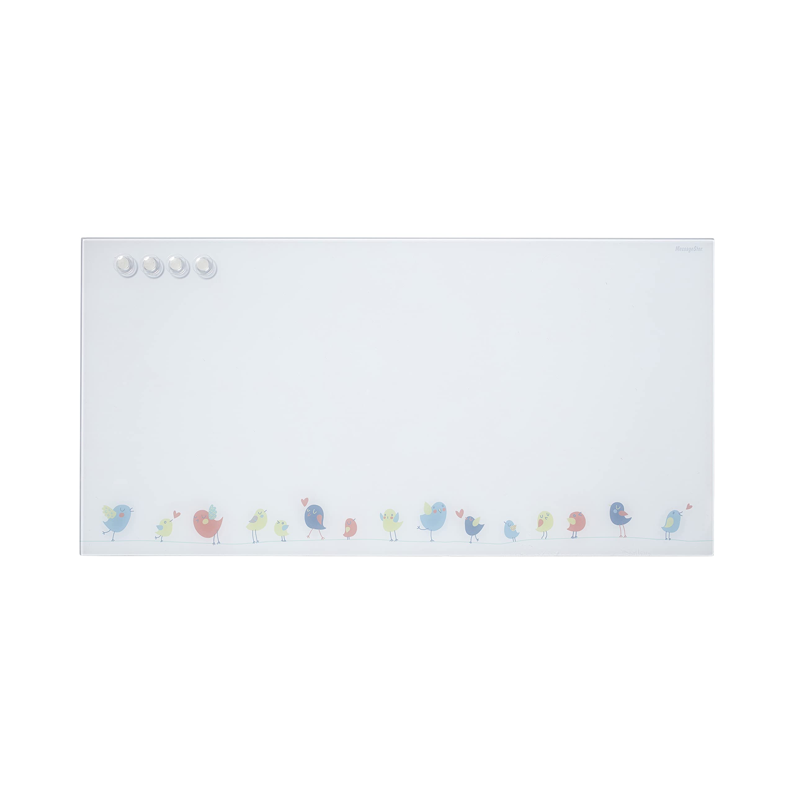 Ecr4Kids Messagestor Magnetic Dry-Erase Glass Board With Magnets, 18In X 36In, Wall-Mounted Whiteboard, Birds