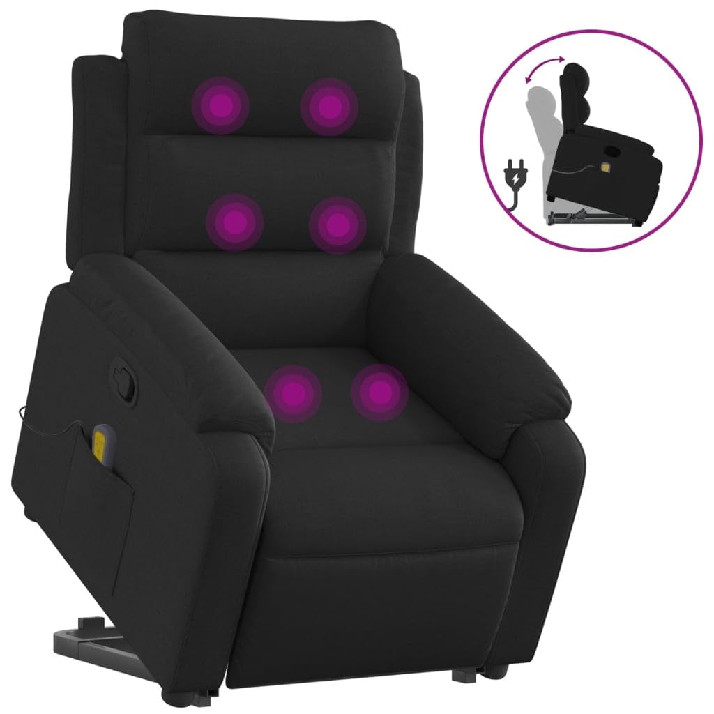 vidaXL Stand up Massage Recliner Chair Power Lift Wingback Armchair - Fabric, Manual Recline, Vibration Massage, Black