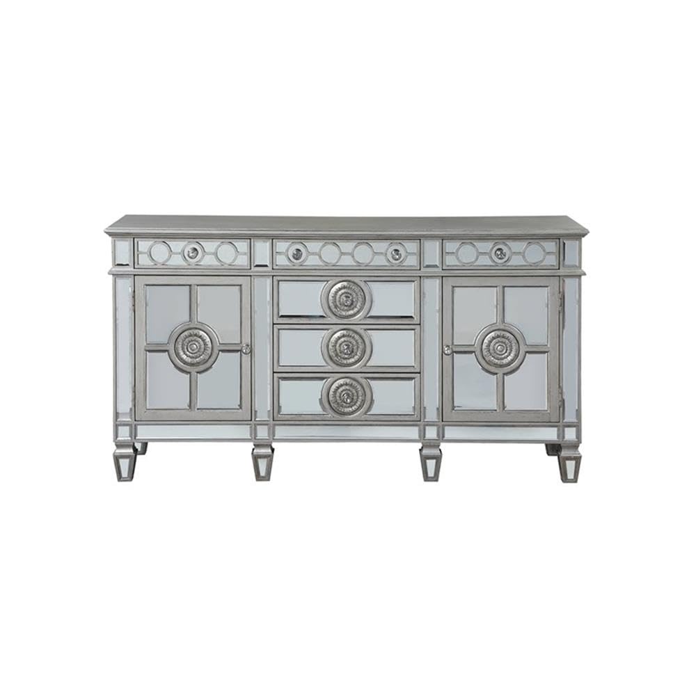 Acme Varian 6-Drawer Wooden Server with 2 Doors in Mirrored and Antique Platinum