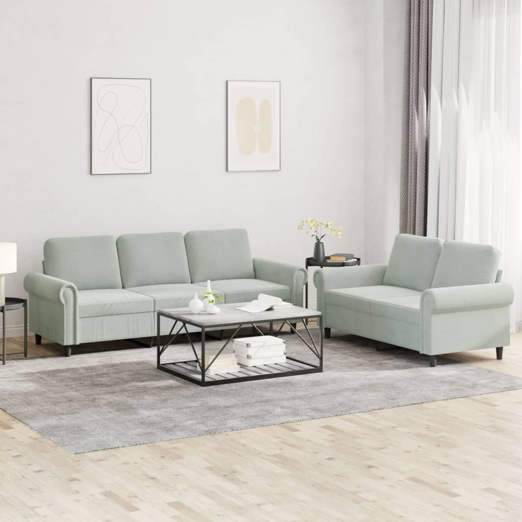 vidaXL Velvet Sofa Set 2PC - Light Gray, Modern Loveseat and Couch Combo with Cushions and Stable Metal Frame for Living Room, Lounge.