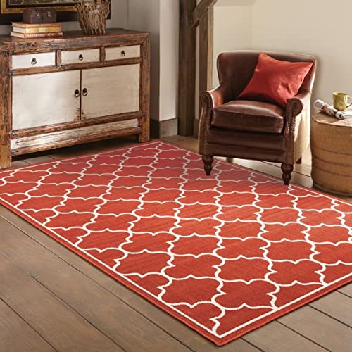 HomeRoots Polypropylene 2’x3’ Red and Ivory Trellis Indoor Outdoor Scatter Rug