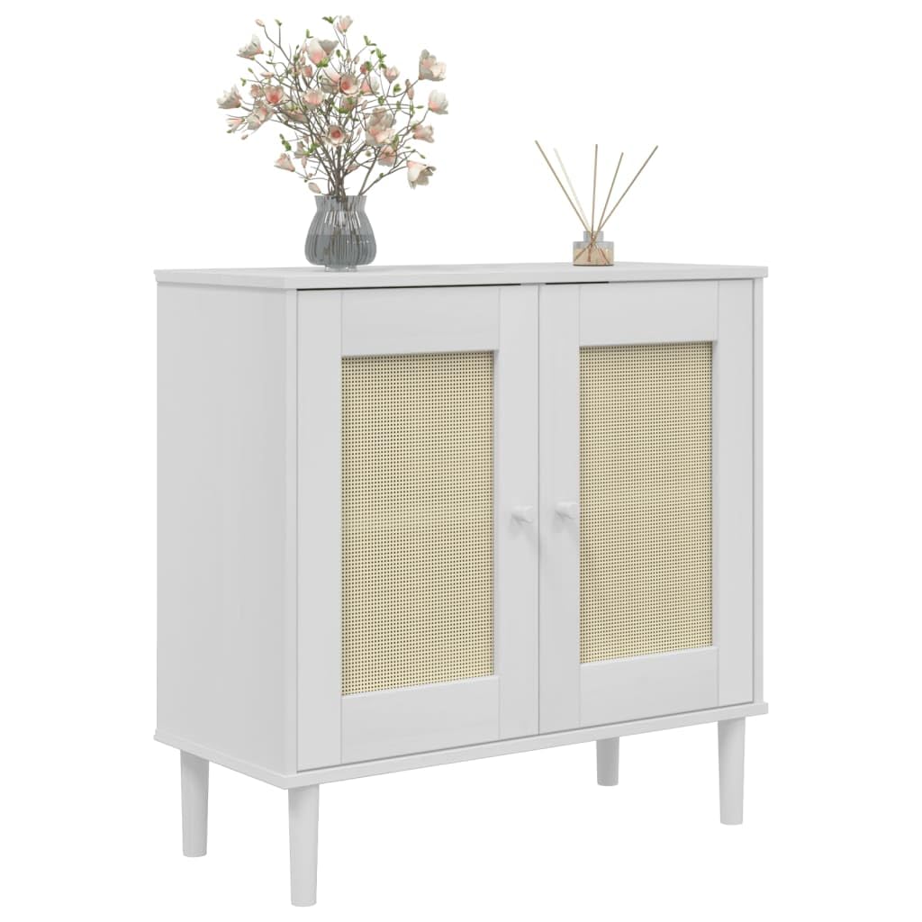 vidaXL SENJA White Sideboard with Solid Pine Wood and UV Varnish Finish, Features Rattan Look and Multiple Compartments for Storage - 31.5x13.8x31.5