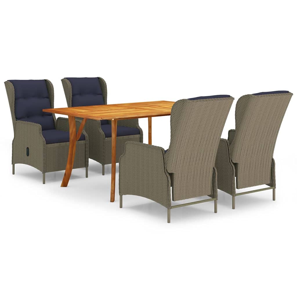 vidaXL 5-Piece Patio Dining Set with Solid Acacia Wood Table and PE Rattan Chairs - Dark Gray Dining Set with Reclining Function for Added Comfort.