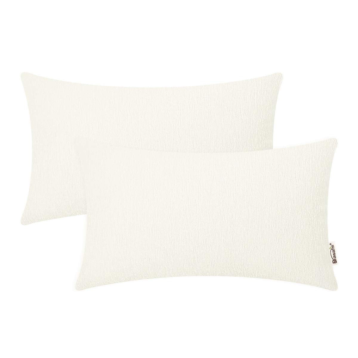 BRAWARM Chenille Throw Pillow Covers 12x20 Inches - Cream Chenille Lumbar Pillow Covers Pack of 2, Solid Dyed Soft Chenille Pill