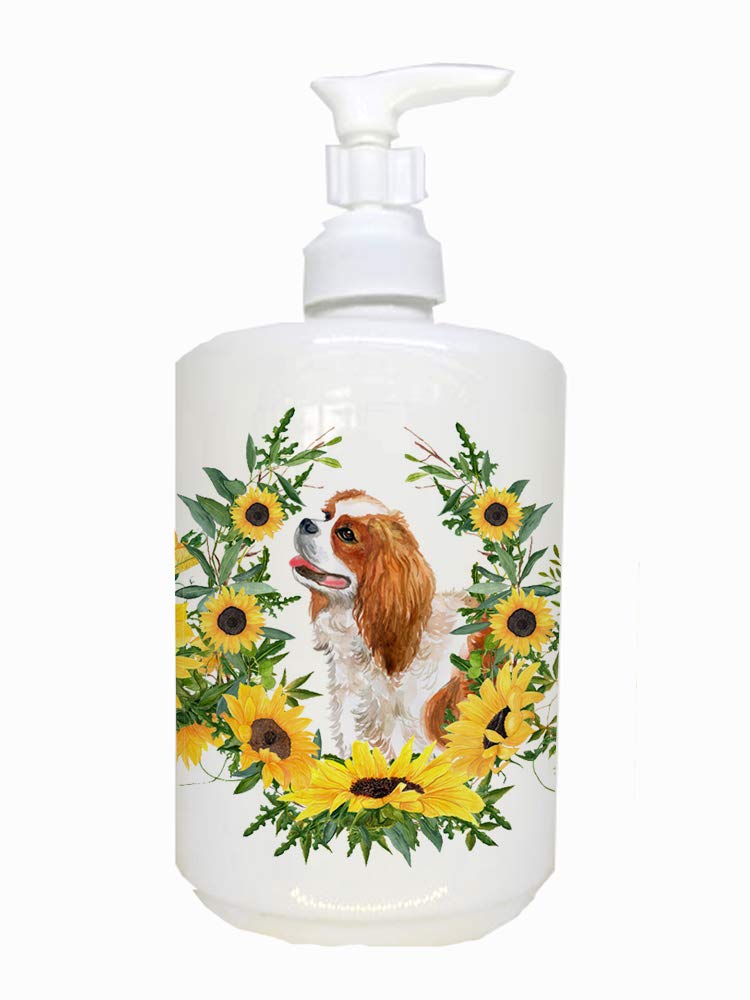 Caroline's Treasures CK2855SOAP Cavalier Spaniel in Sunflowers Ceramic Soap Dispenser Hand Soap Dispenser Pump Bottles for Bathr