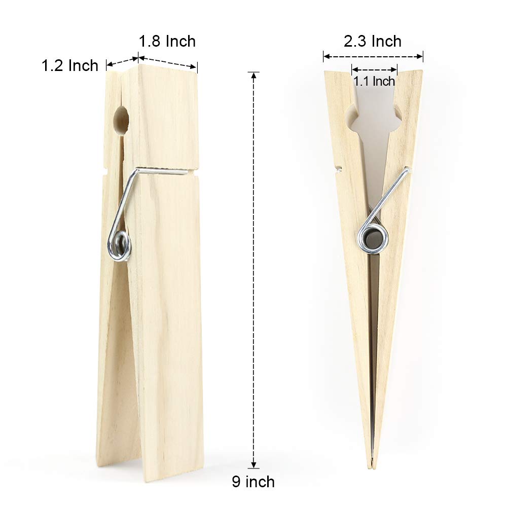 RIVERKING 9 Inch Jumbo Clothespins - Natural Wood Clips for DIY Crafts, Bathroom & Laundry Room Decor, Set of 2