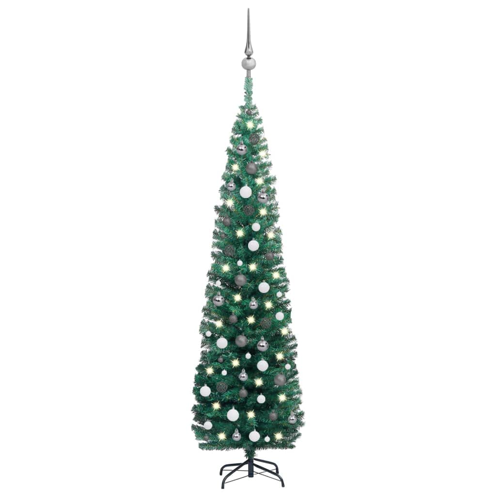 'vidaXL Slim Artificial Christmas Tree with LEDs and Ball Set, 82.7 Inches, Green and Grey, Energy-Efficient and Reusable, Perfect for Holiday Decorations