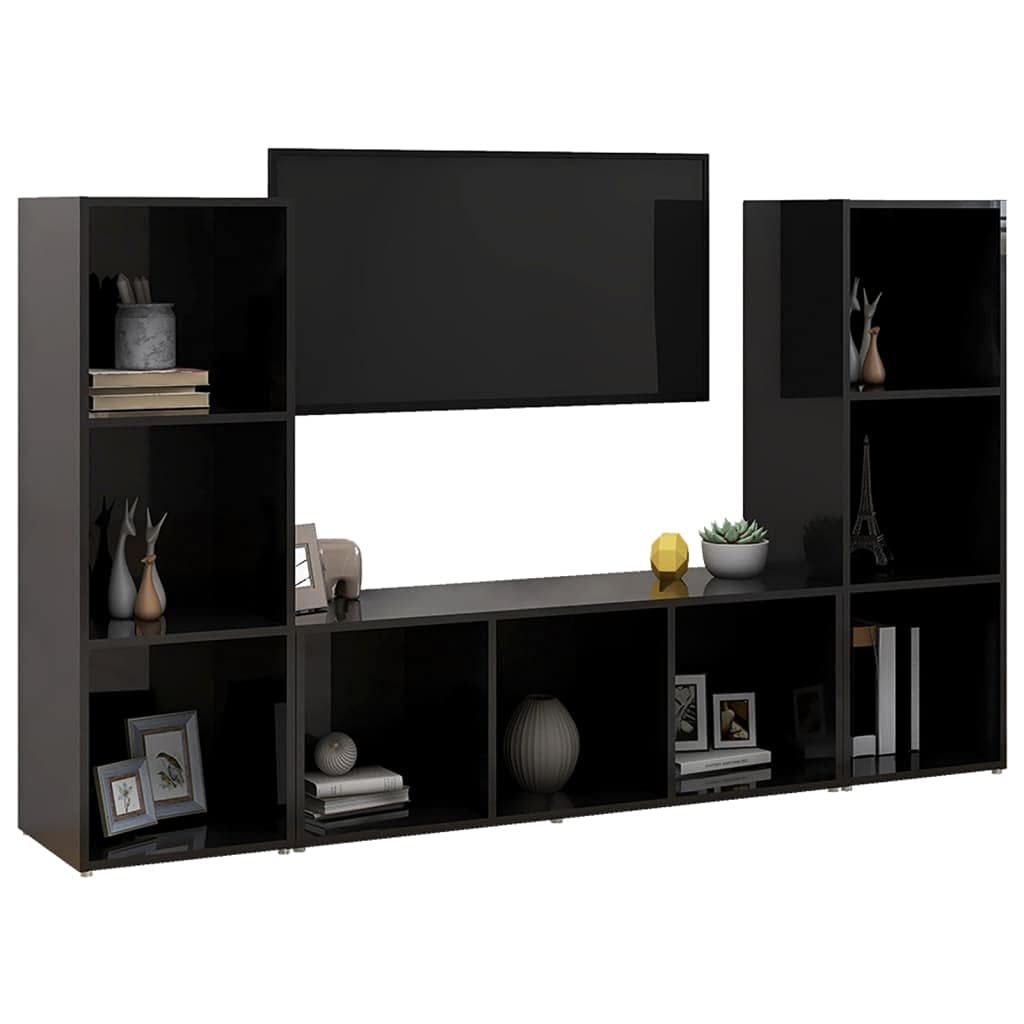vidaXL 3X TV Cabinets Home Indoor Bedroom Living Room Entertainment Center TV Stand Media Unit Furniture High Gloss Black Engineered Wood