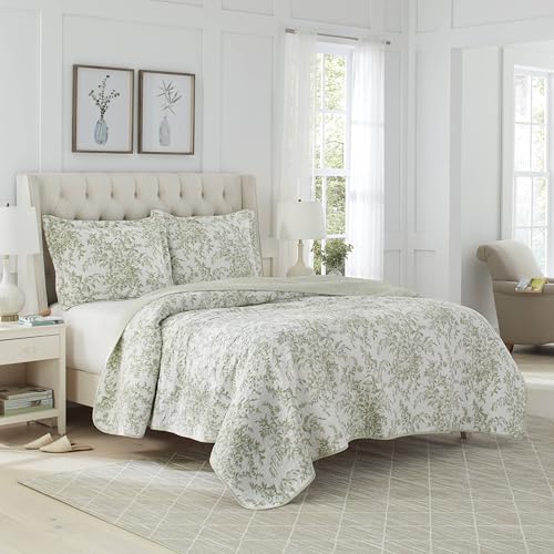 Laura Ashley - King Quilt Set, Reversible Cotton Bedding With Matching Shams, Lightweight Home Decor For All Seasons (Bedford Green/Off-White, King)