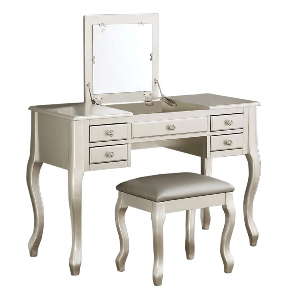 Benjara Benzara Cherub Featuring Stool And Mirror Silver Vanity Set,