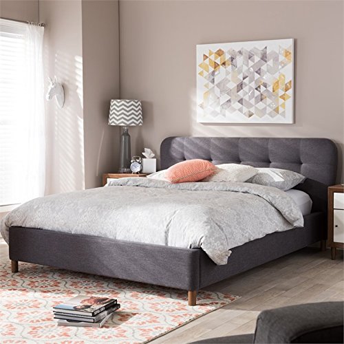 Baxton Studio Germaine Mid-Century Modern Dark Grey Fabric King Size Grid-Tufting Platform Bed