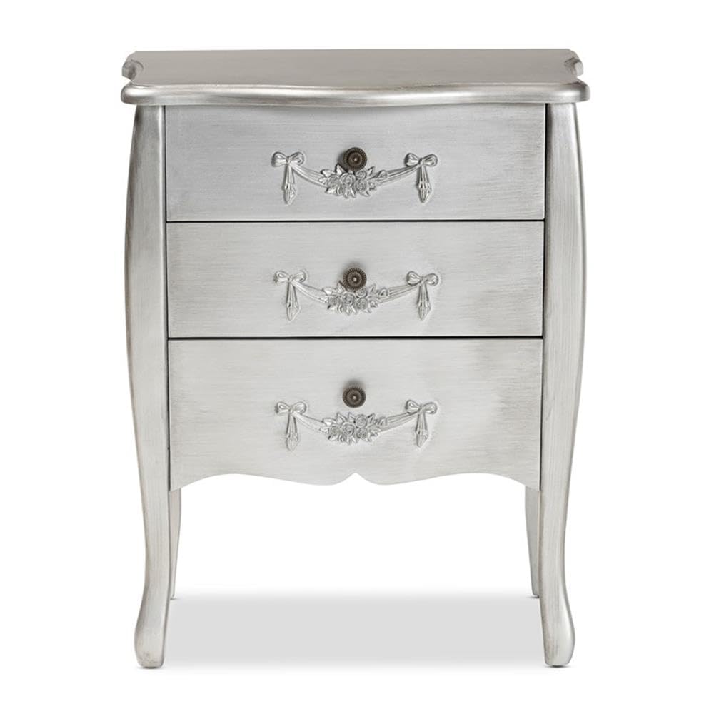 Baxton Studio Eliya Classic and Traditional Brushed Silver Finished Wood 3-Drawer Storage Cabinet