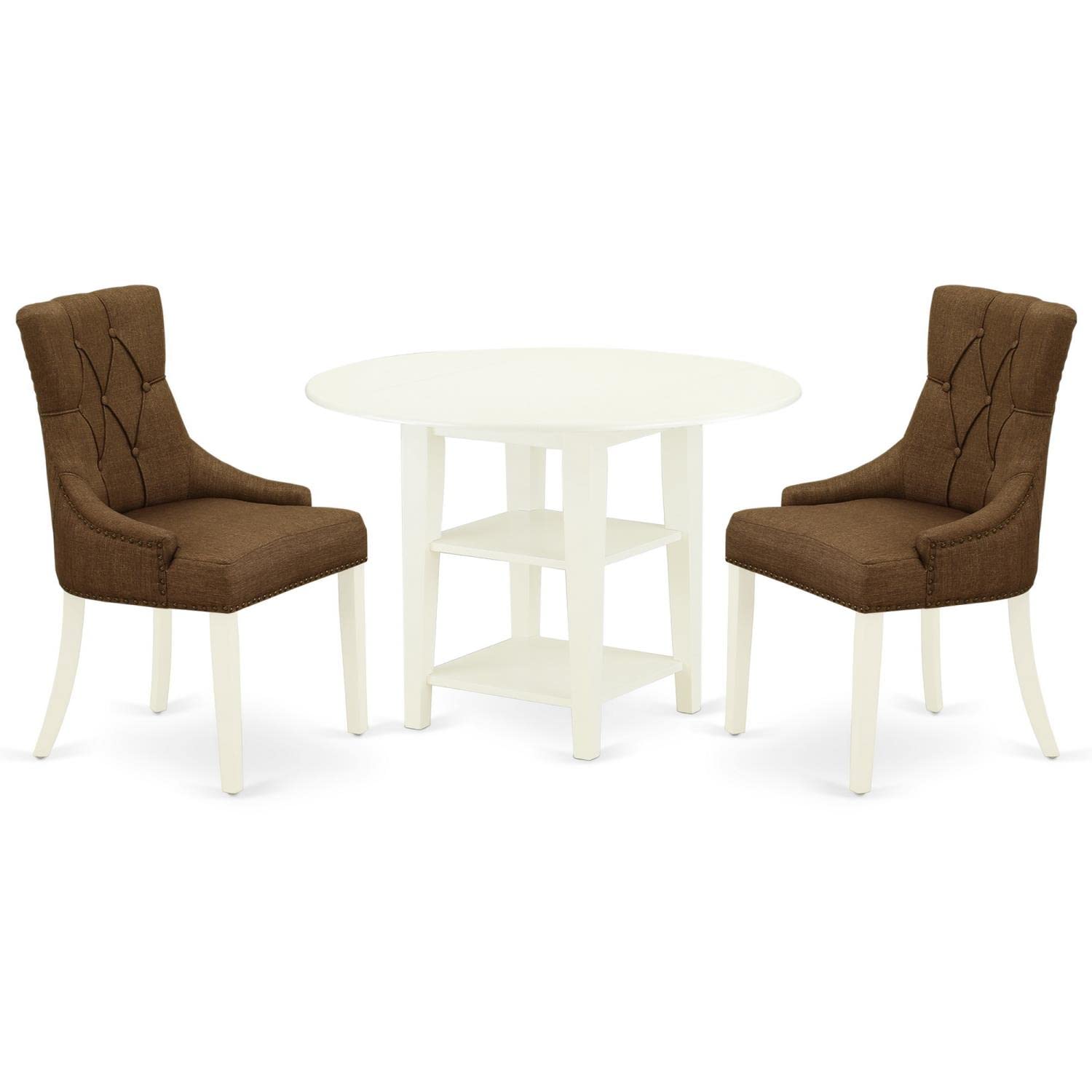 East West Furniture Sufr3-Lwh-18 3 Piece Small Dinette Set Contains A Round Dining Table With Dropleaf & Shelves And 2 Brown Linen Linen Fabric Parson Chairs, 42X42 Inch, Linen White