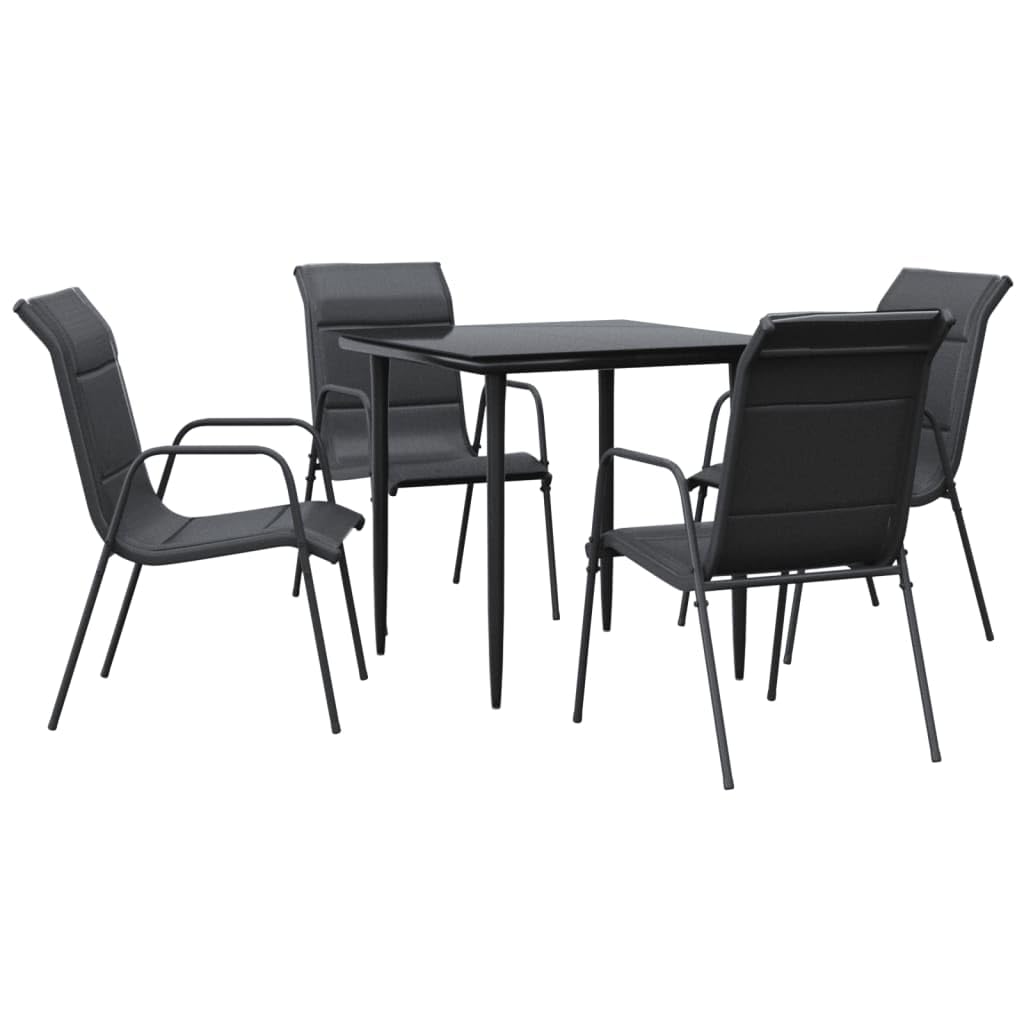 Vidaxl 5-Piece Patio Dining Set - Black Steel And Padded Textilene - Comfortable Armchairs And Tempered Glass Tabletop For Garden And Outdoor Dining, Onesize