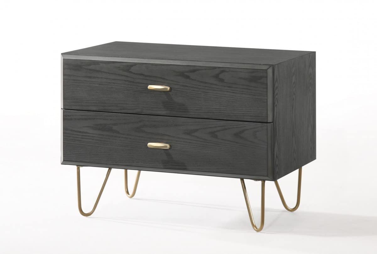 HomeRoots Grey, Gold Veneer, Metal Contemporary Gray and Gold Nightstand with Two Drawers