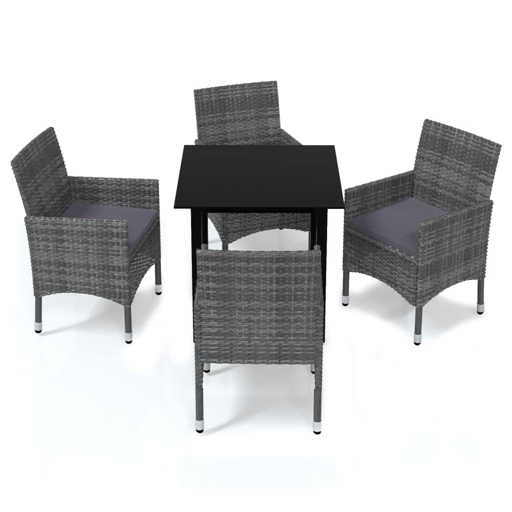 vidaXL Patio Dining Set 5 Piece - Cushioned Gray Poly Rattan Chairs and Black Glass Square Table for Garden, Balcony, Patio
