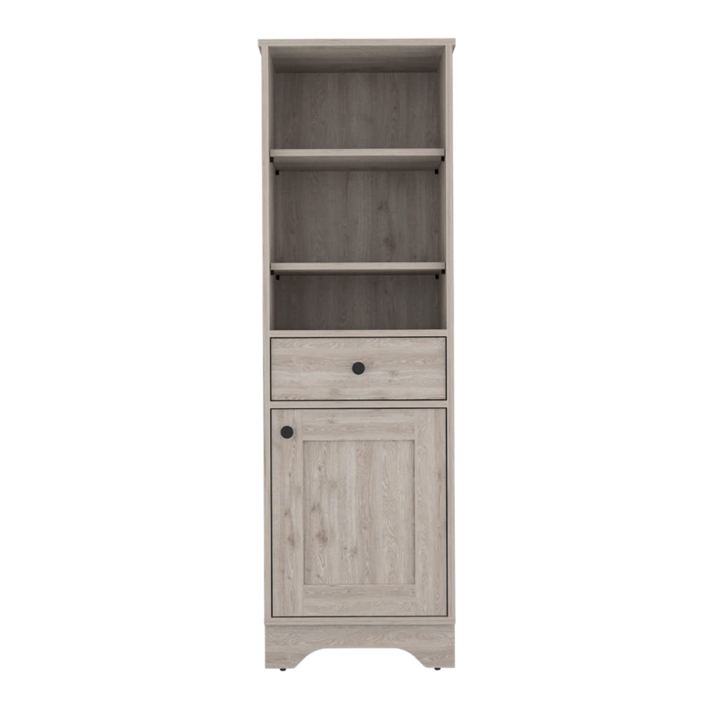 Linen Single Door Cabinet 55H, 3 External Shelves, 1 Drawer, 2 Interior Shelves, Light Gray