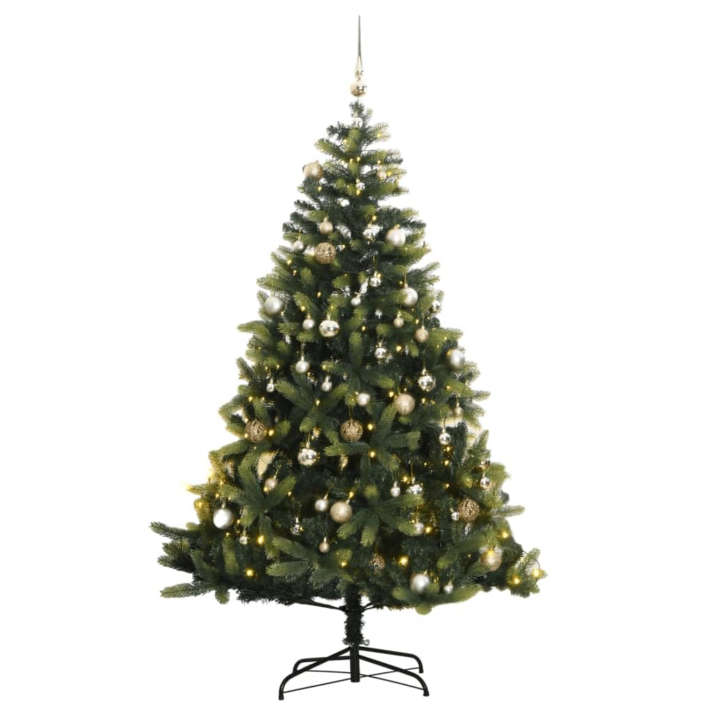 vidaXL Artificial Hinged Christmas Tree with 150 LEDs - 59.1&quot;&quot; Height, 8 Lighting Modes, Realistic PE & PVC Tips, Outdoor Suitable with Metal Stand, Dark Green, 3210268