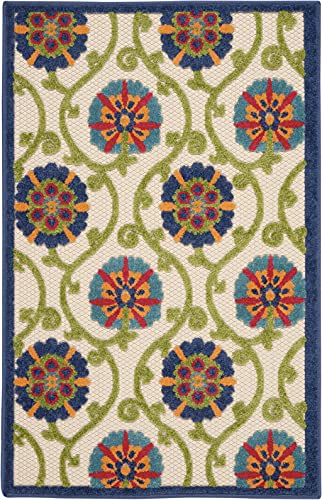 HomeRoots Blue/Multicolor 100% Polypropylene 3’ x 4’ Blue Floral Vines Indoor Outdoor Area Rug