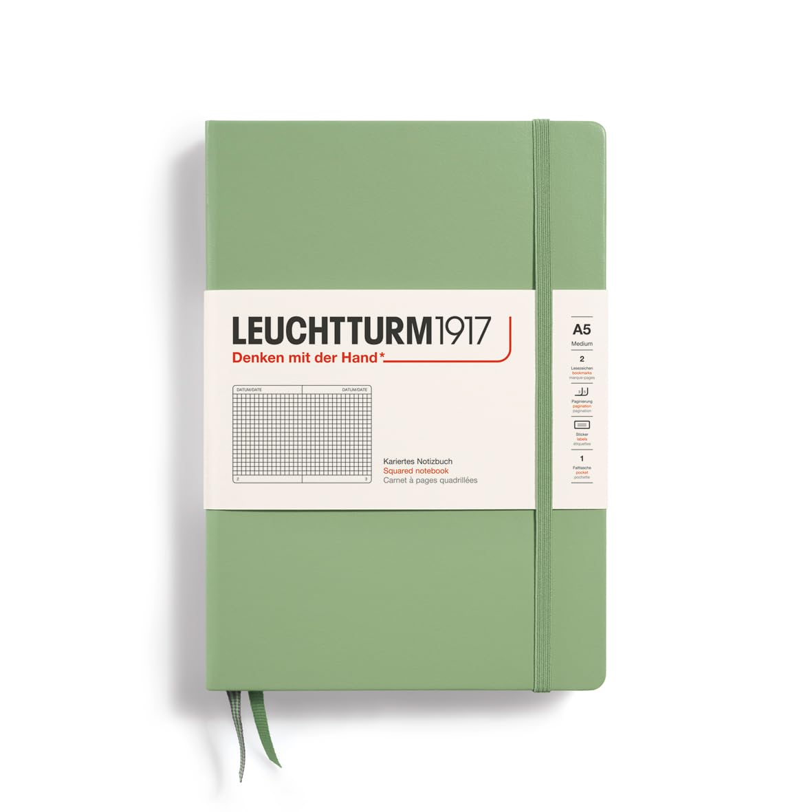 Leuchtturm1917 - Notebook Hardcover Medium A5-251 Numbered Pages For Writing And Journaling (Sage, Squared)