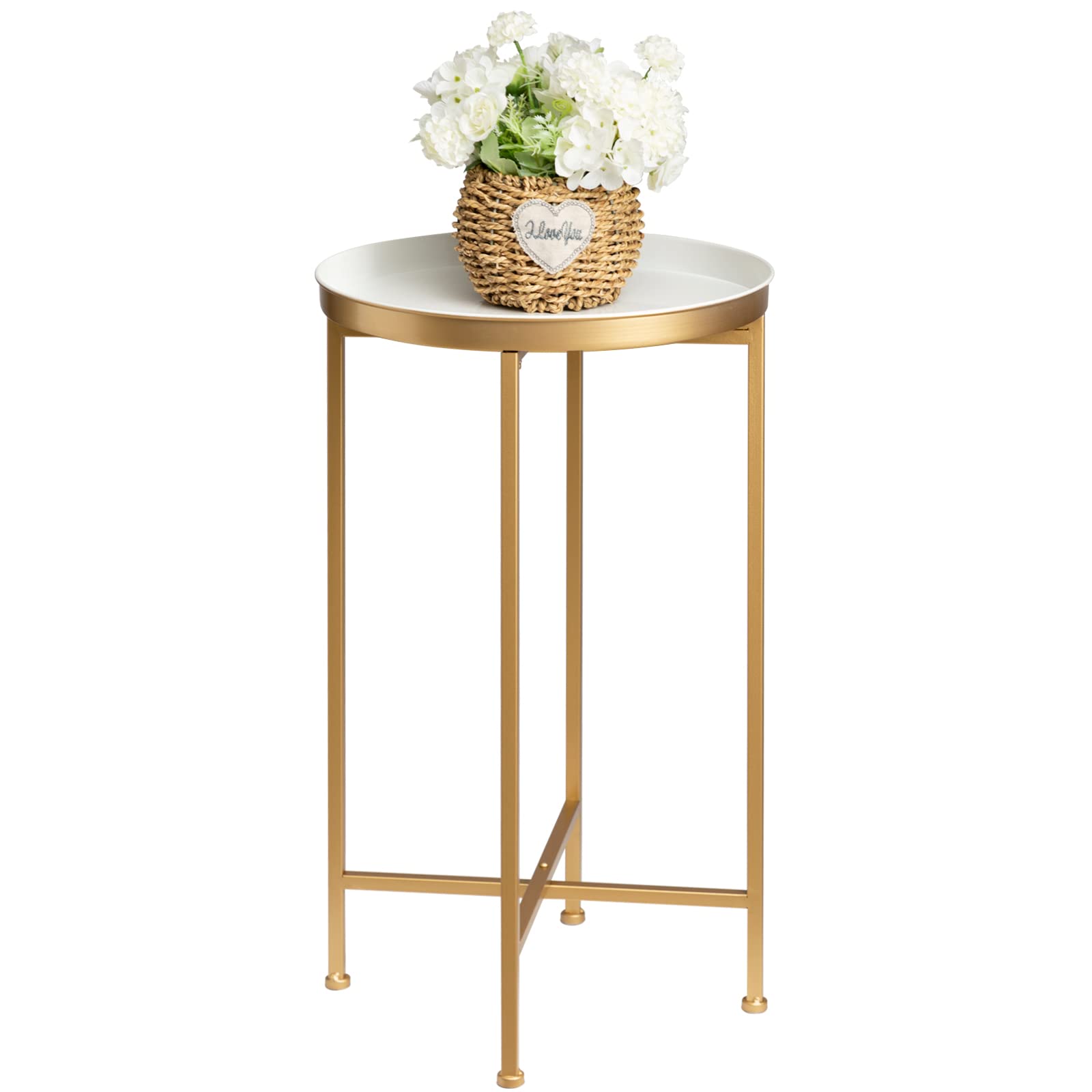danpinera Gold Side Table, Metal Folding End Table Small Round Accent Table White Gold Table Gold Nightstand Circle End Table fo