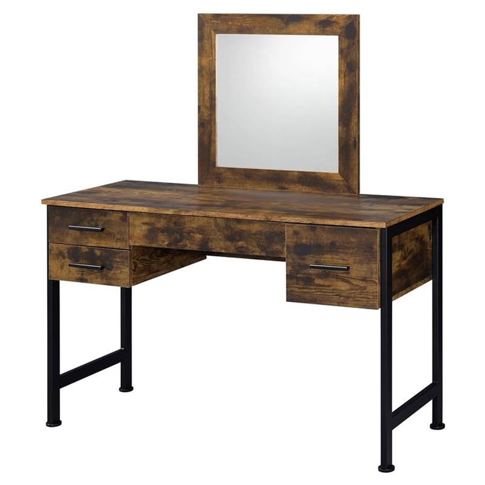 Acme Juvanth Wooden Vanity Desk and Mirror in Rustic Oak and Black